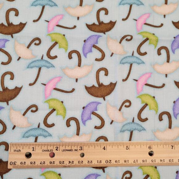 Cotton Fabric Umbrellas Pastel Rain Weather 19" x 44" Blue Pink Green Brown - Picture 6 of 8